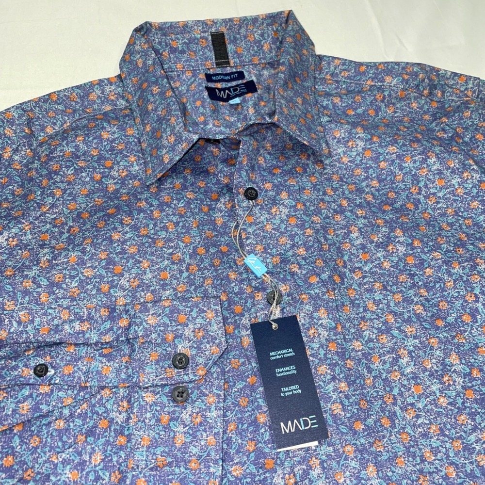 MADE Cam Newton Mens XL Modern Fit Floral Button Down Shirt Blue Orange Cotton